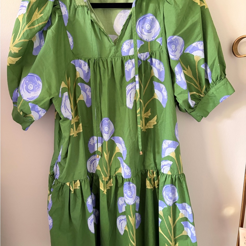 Green Floral Tiered Dress with Blue & Cream Blooms